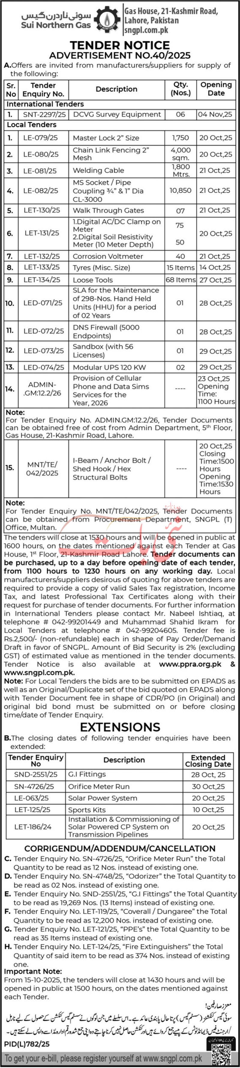 Sui Northern Gas Company Limited Lahore Tender Notice